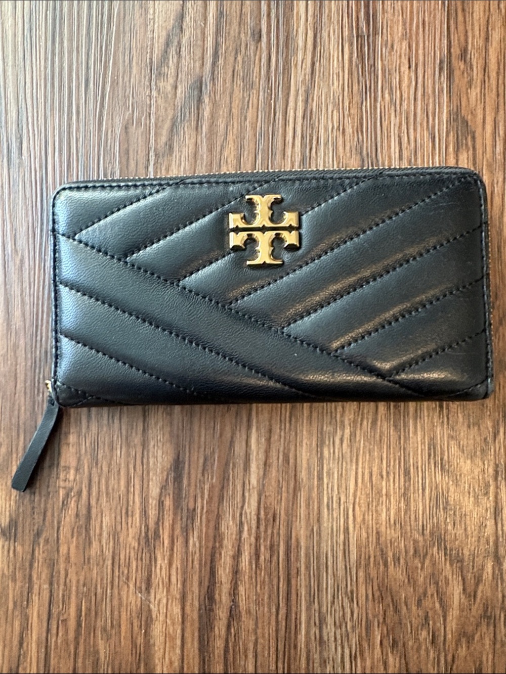 Tory Burch Black Quilted Leather Zip Wallet with Gold Logo